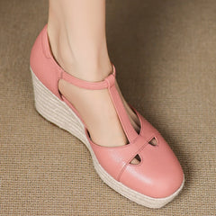 Bohemia Round Toe Narrow Band T-Strap Wedge Ultra High Heel Platform Sandals
