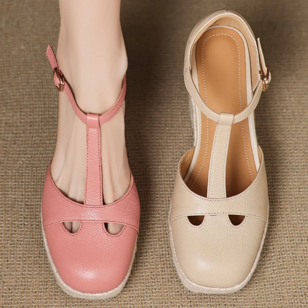 Bohemia Round Toe Narrow Band T-Strap Wedge Ultra High Heel Platform Sandals