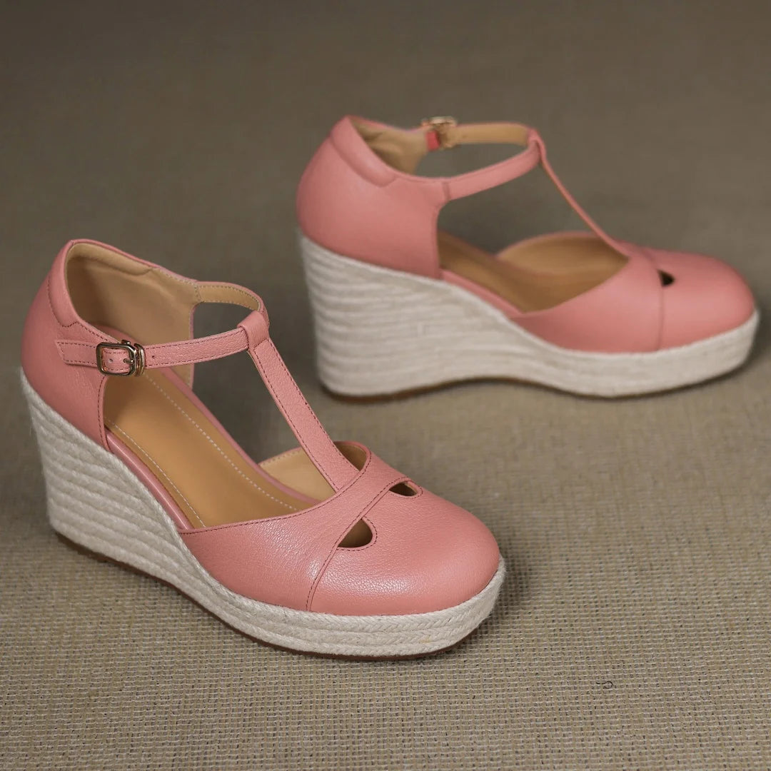 Bohemia Round Toe Narrow Band T-Strap Wedge Ultra High Heel Platform Sandals