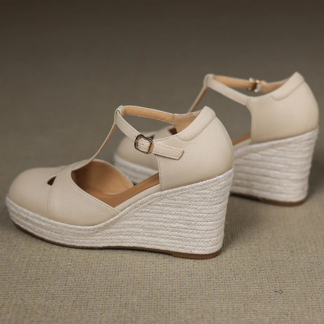 Bohemia Round Toe Narrow Band T-Strap Wedge Ultra High Heel Platform Sandals