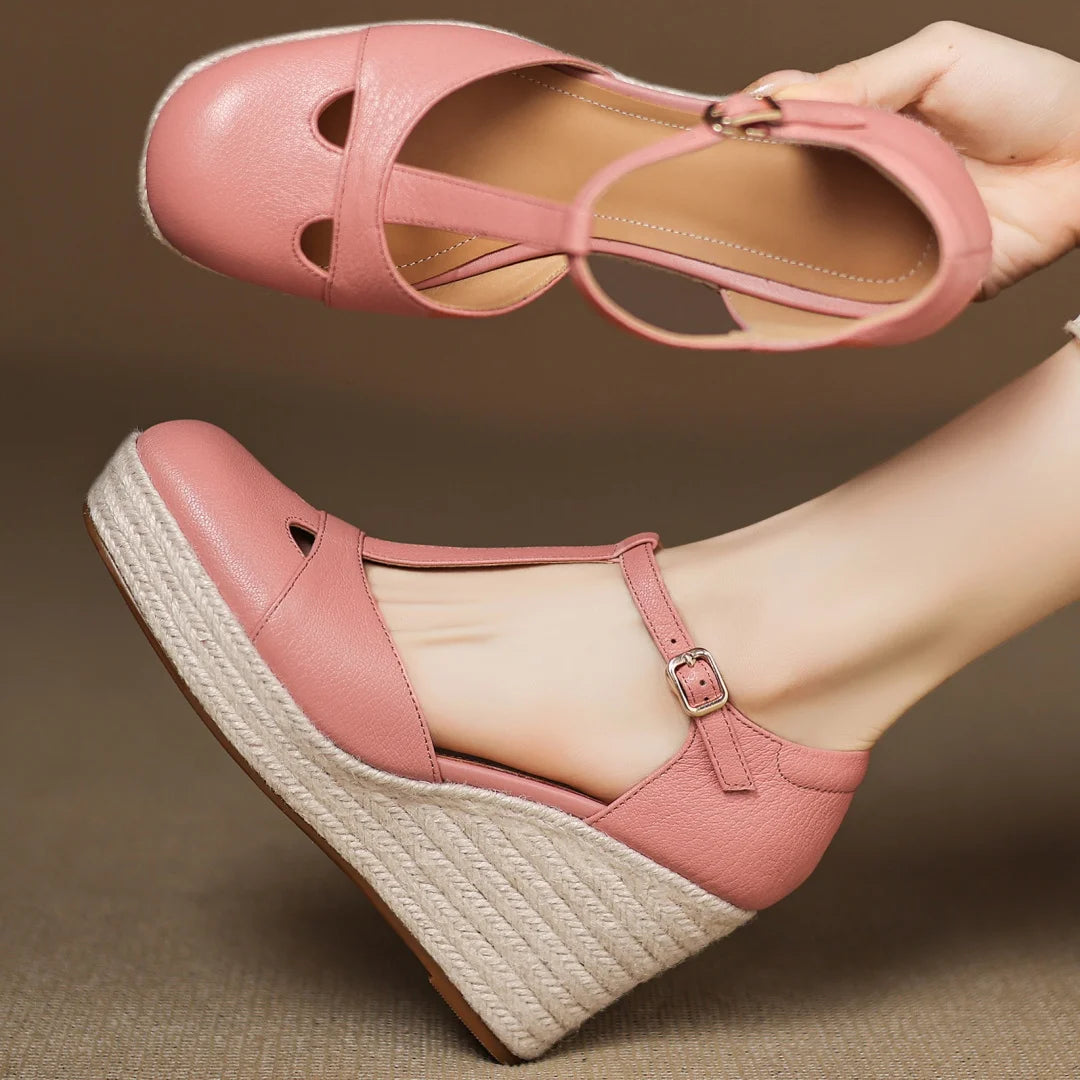 Bohemia Round Toe Narrow Band T-Strap Wedge Ultra High Heel Platform Sandals