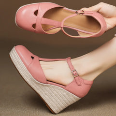 Bohemia Round Toe Narrow Band T-Strap Wedge Ultra High Heel Platform Sandals
