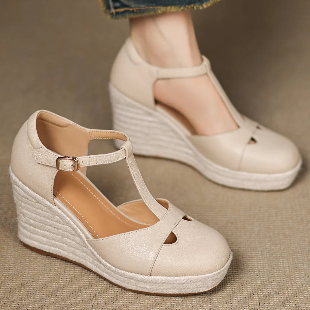 Bohemia Round Toe Narrow Band T-Strap Wedge Ultra High Heel Platform Sandals