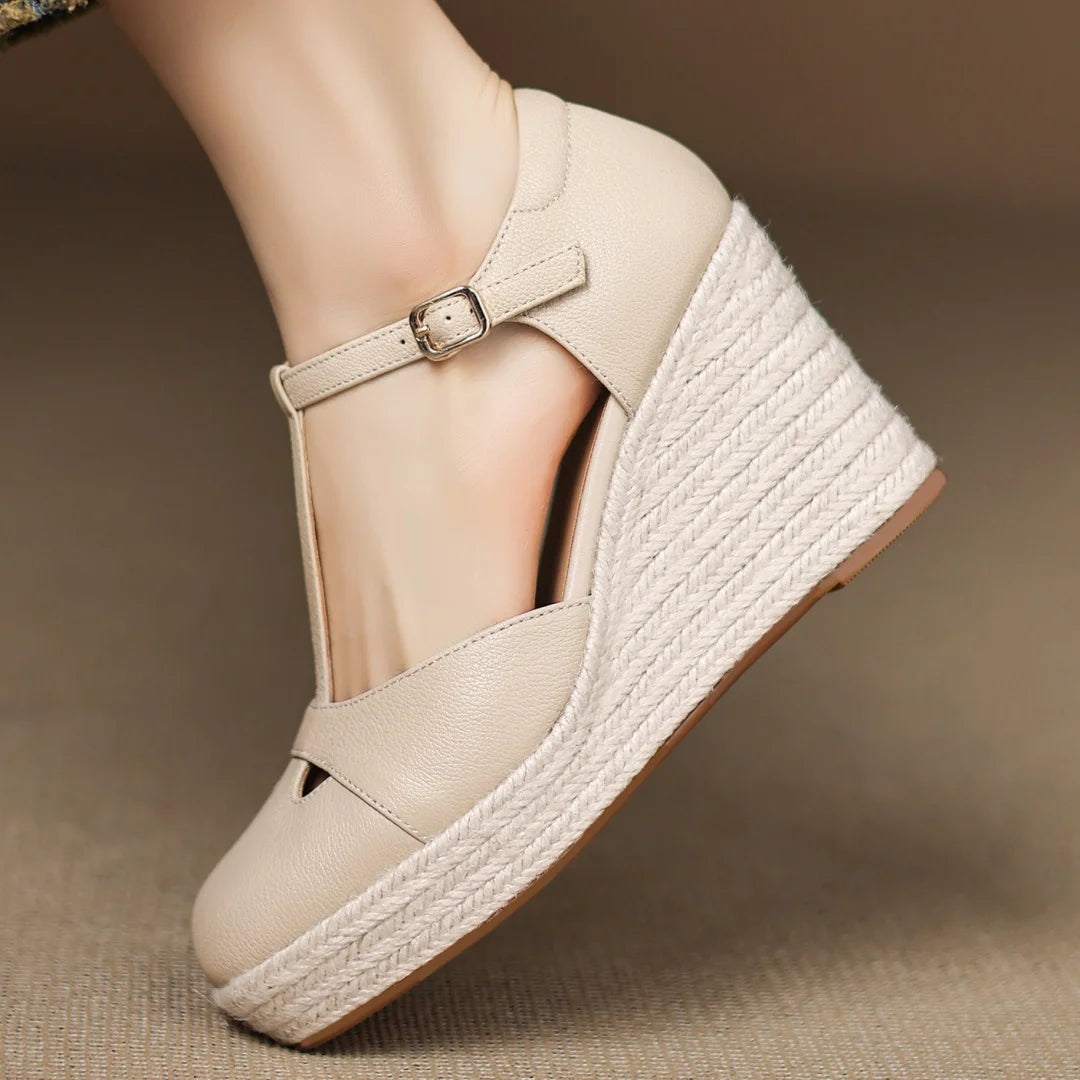 Bohemia Round Toe Narrow Band T-Strap Wedge Ultra High Heel Platform Sandals