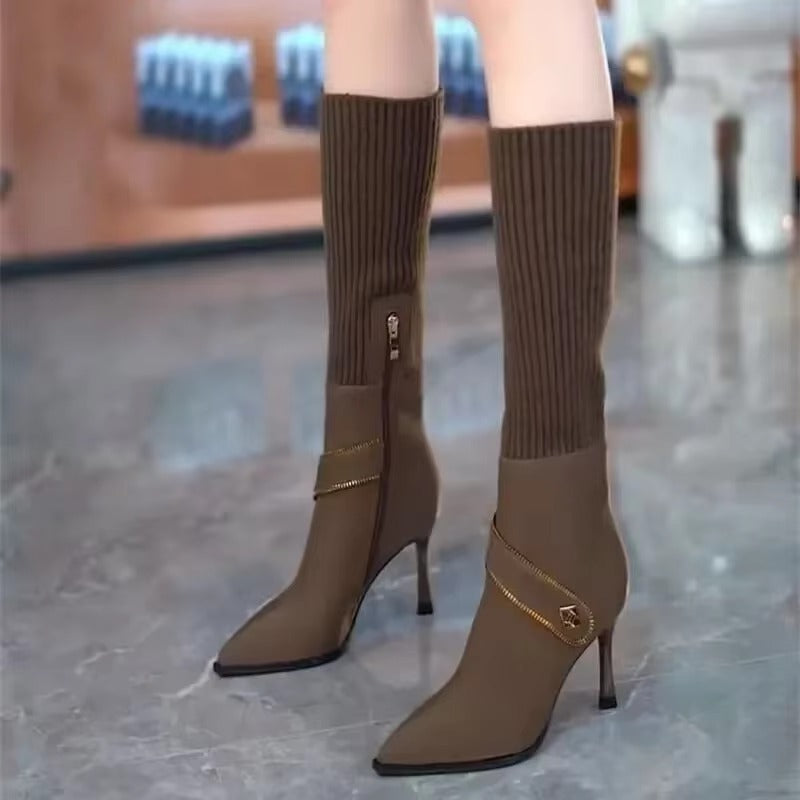 Bohemian SLIP-ON High Stretch Pointed Toe Side Zipper Slim Shoes