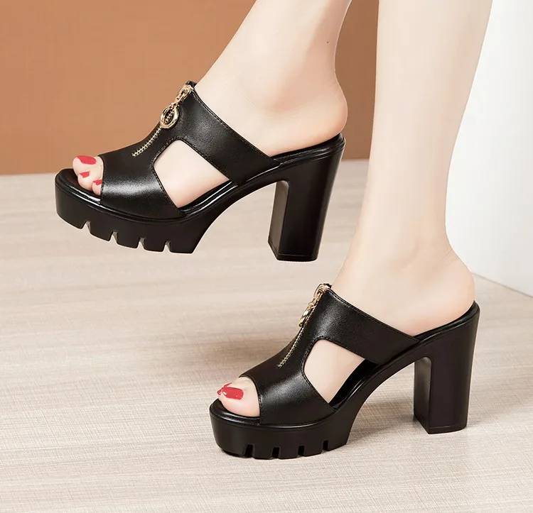 Bohemian Shallow Wedding Soft Leather Block Slides High Heels