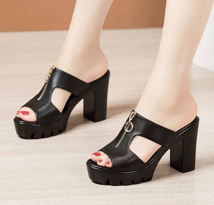 Bohemian Shallow Wedding Soft Leather Block Slides High Heels