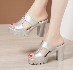 Bohemian Shallow Wedding Soft Leather Block Slides High Heels