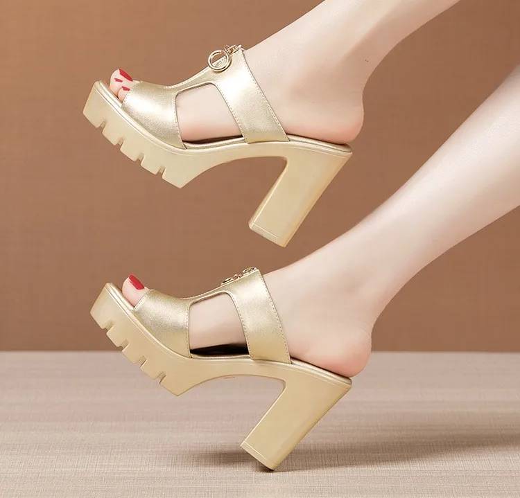 Bohemian Shallow Wedding Soft Leather Block Slides High Heels