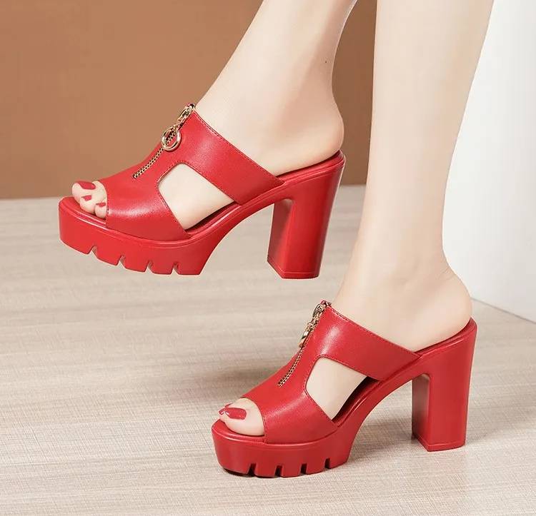 Bohemian Shallow Wedding Soft Leather Block Slides High Heels