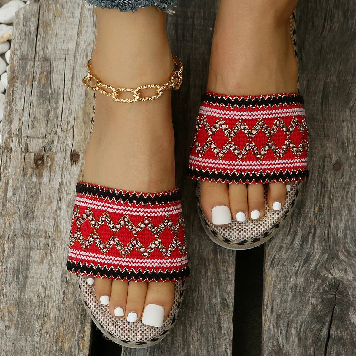 Bohemian Synthetic Riband Handmade Platform Slippers