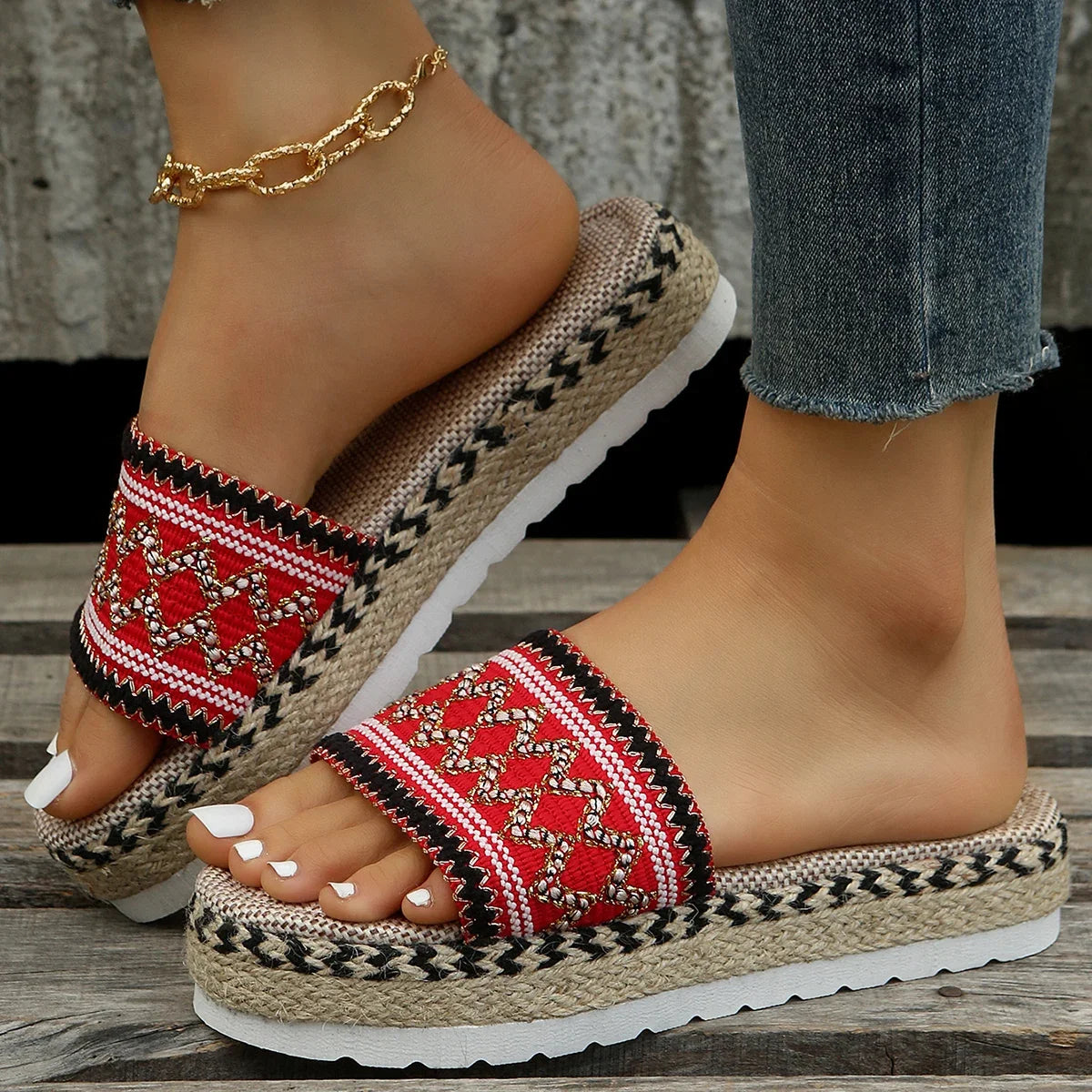 Bohemian Synthetic Riband Handmade Platform Slippers