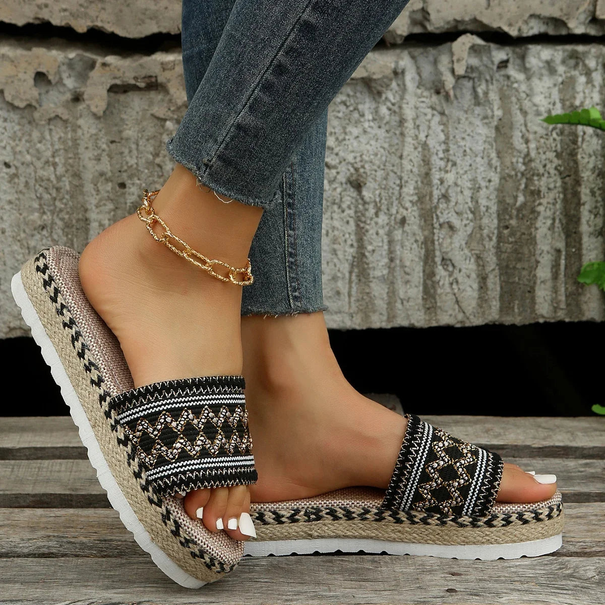 Bohemian Synthetic Riband Handmade Platform Slippers