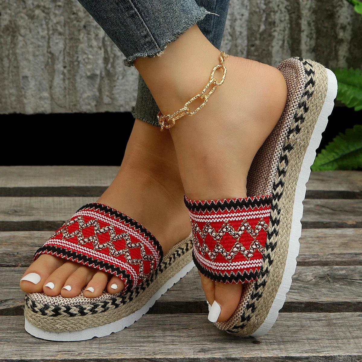 Bohemian Synthetic Riband Handmade Platform Slippers