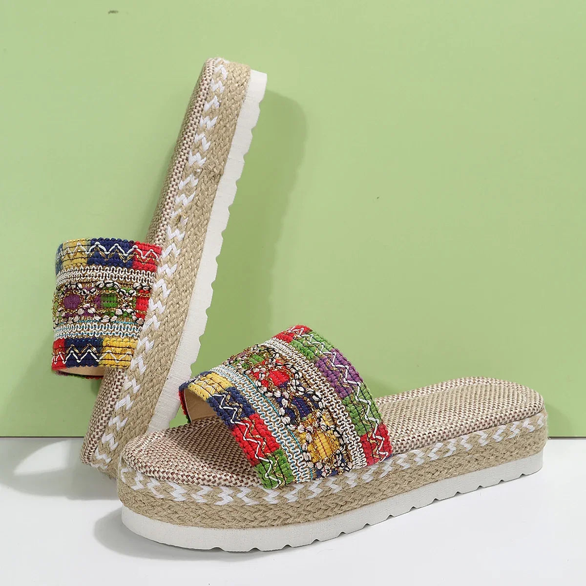 Bohemian Synthetic Riband Handmade Platform Slippers