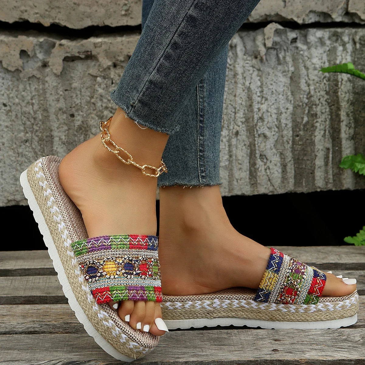 Bohemian Synthetic Riband Handmade Platform Slippers