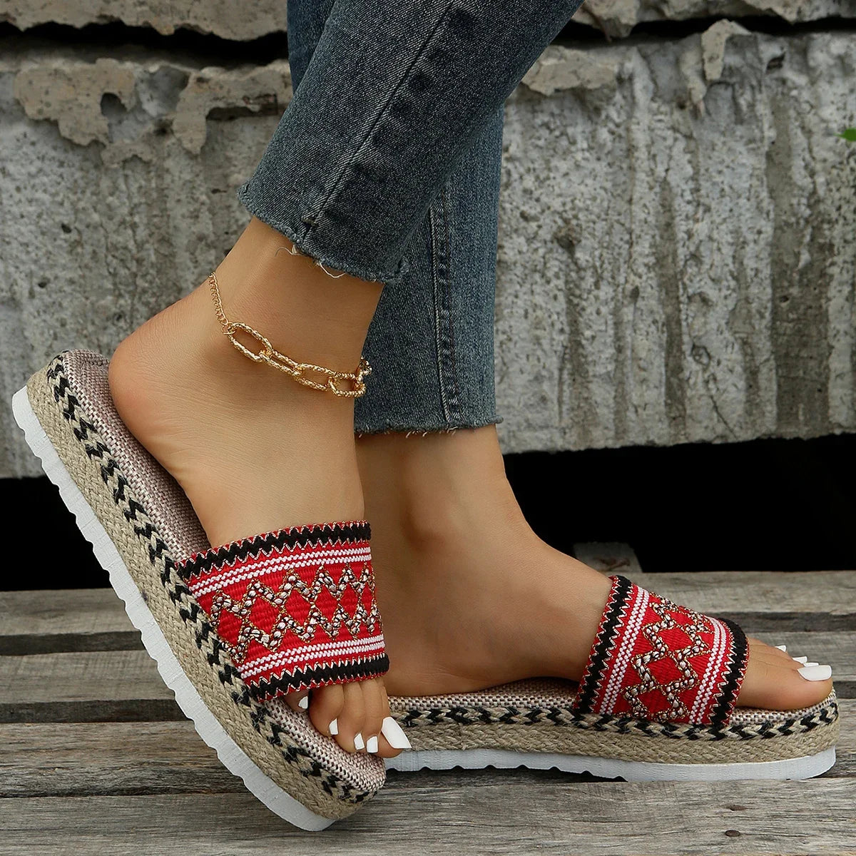 Bohemian Synthetic Riband Handmade Platform Slippers