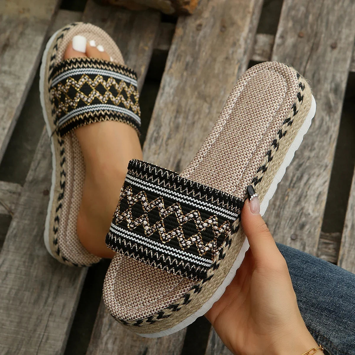 Bohemian Synthetic Riband Handmade Platform Slippers
