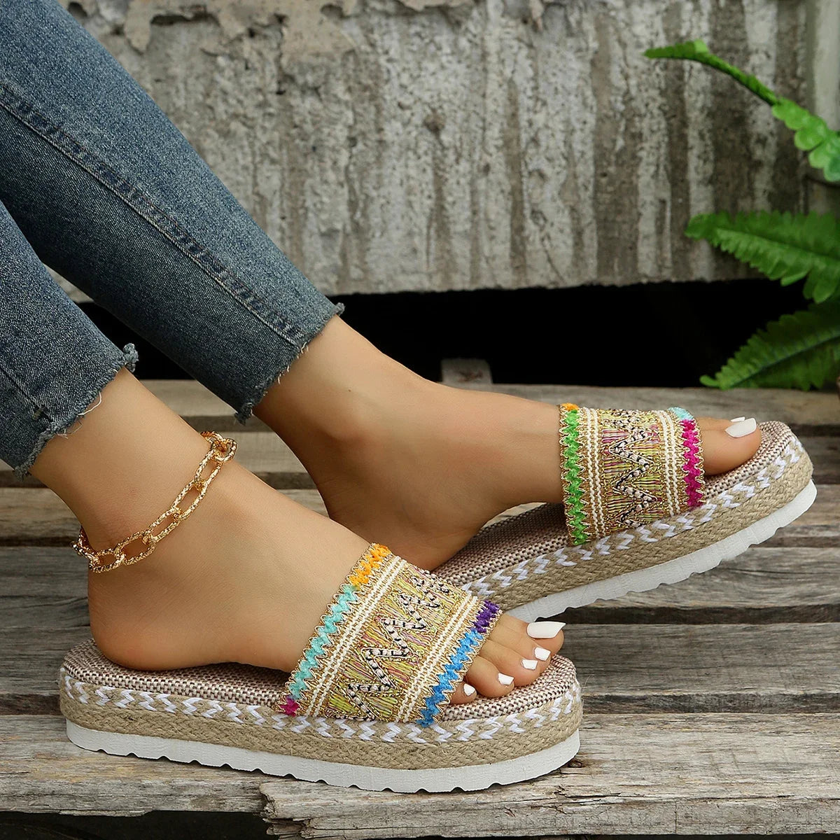 Bohemian Synthetic Riband Handmade Platform Slippers
