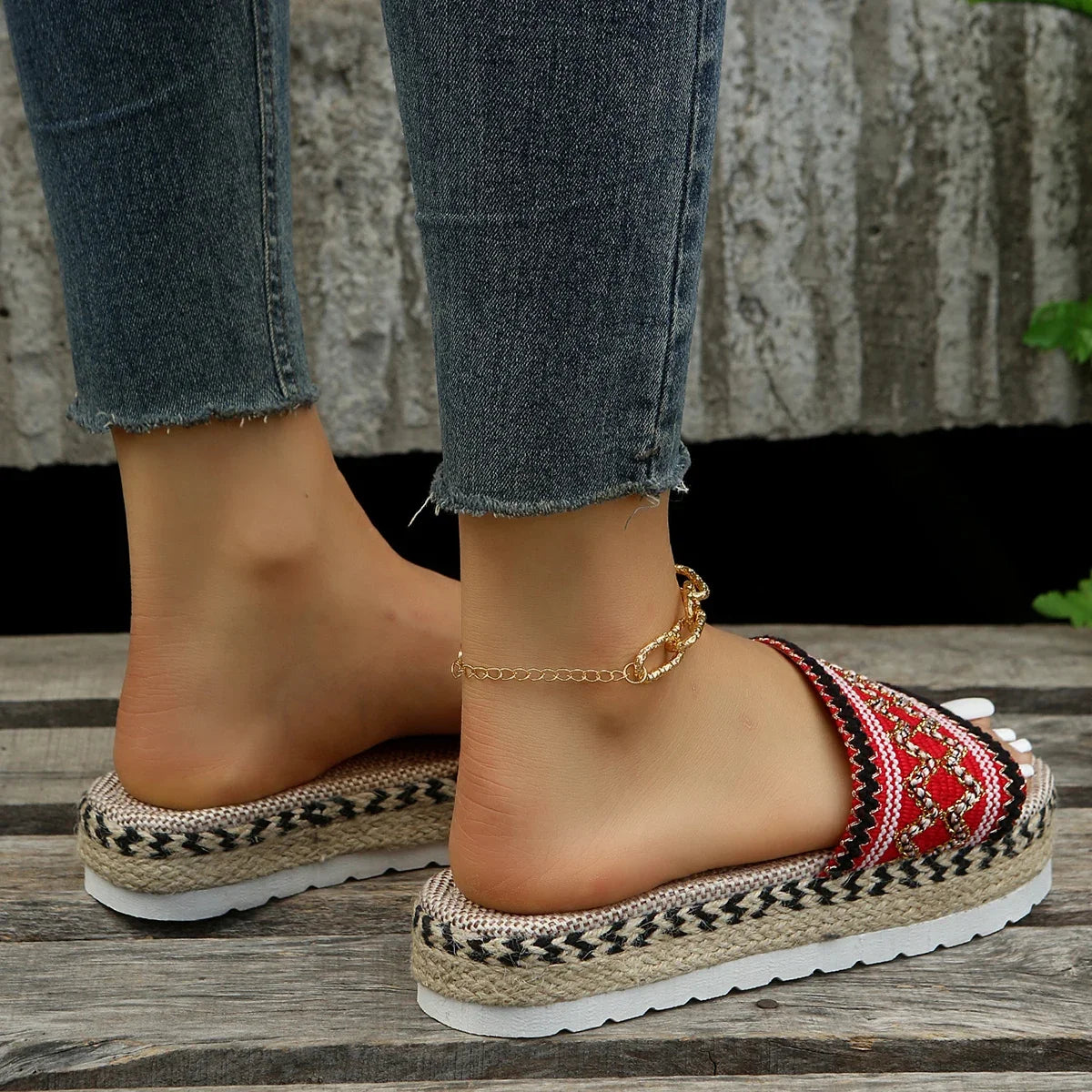 Bohemian Synthetic Riband Handmade Platform Slippers