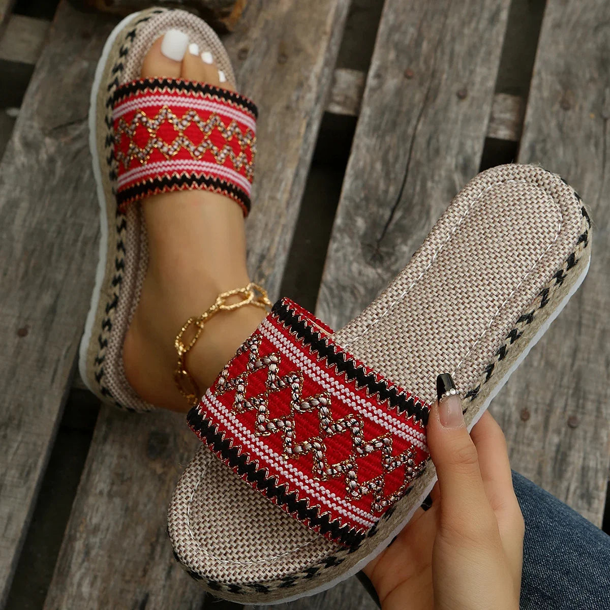 Bohemian Synthetic Riband Handmade Platform Slippers