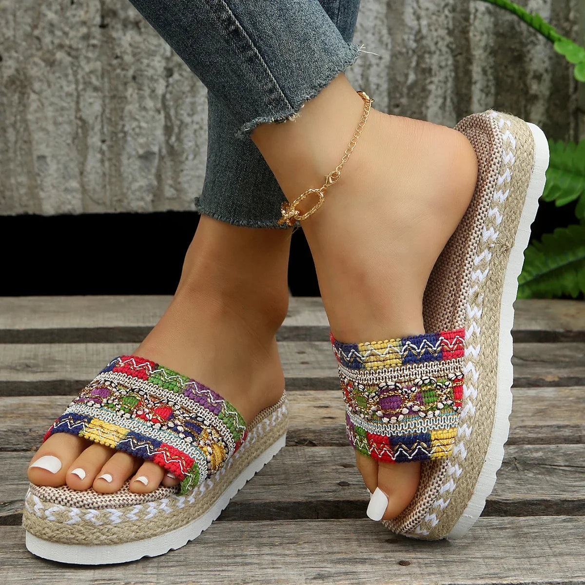 Bohemian Synthetic Riband Handmade Platform Slippers