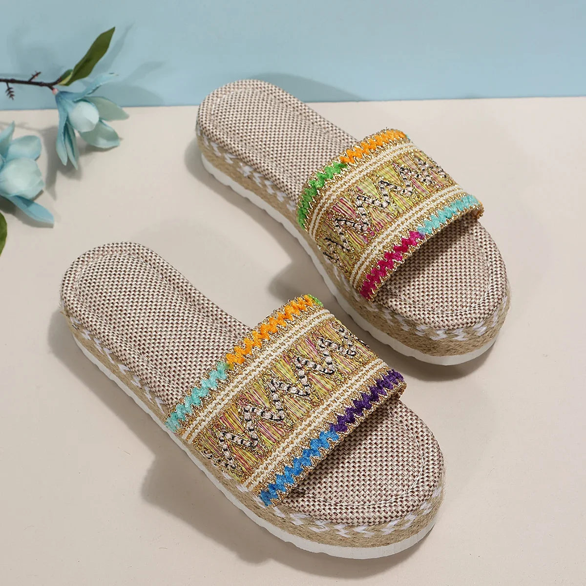Bohemian Synthetic Riband Handmade Platform Slippers