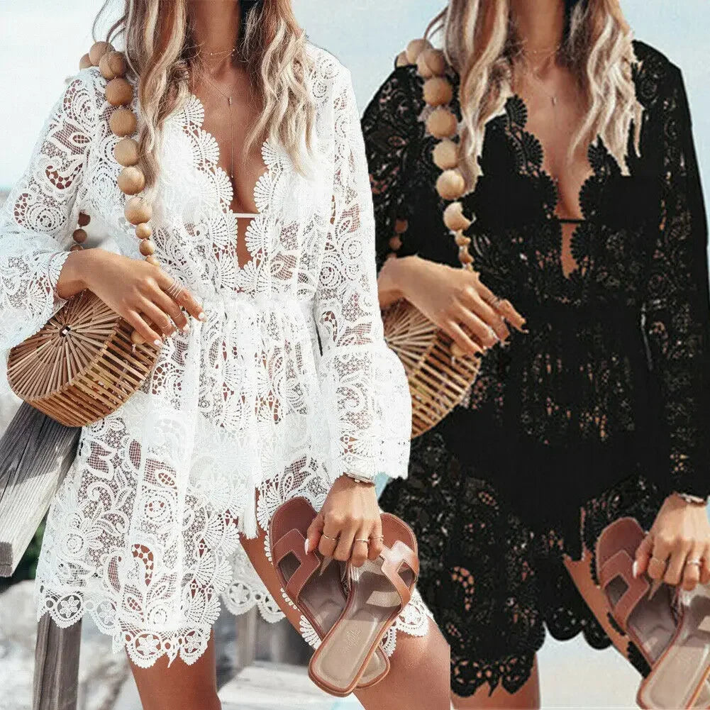 Boho Crochet White Lace Dress Knitted V-neck Scallop Trim Beach Sundress Tunic Pareos Bikinis Cover Ups Robe Beachwear
