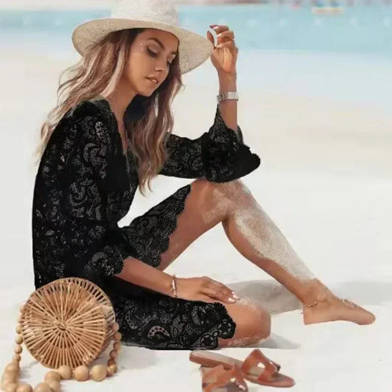 Boho Crochet White Lace Dress Knitted V-neck Scallop Trim Beach Sundress Tunic Pareos Bikinis Cover Ups Robe Beachwear