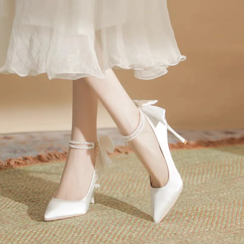 Bow Satin Stiletto Heel Point Toe Pearls Fabric Wedding High Heel Sandals