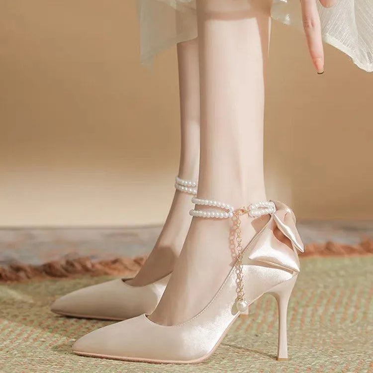 Bow Satin Stiletto Heel Point Toe Pearls Fabric Wedding High Heel Sandals
