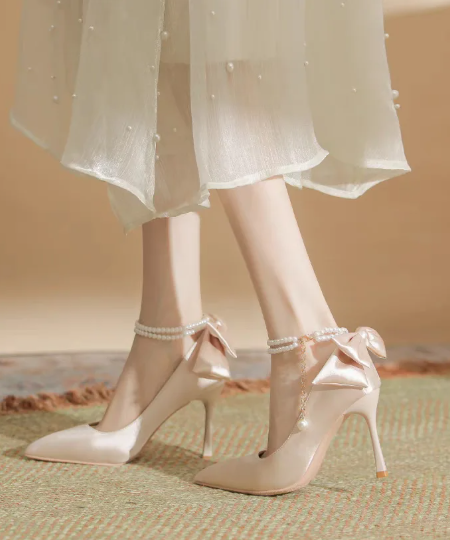 Bow Satin Stiletto Heel Point Toe Pearls Fabric Wedding High Heel Sandals