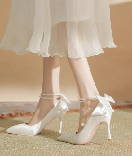Bow Satin Stiletto Heel Point Toe Pearls Fabric Wedding High Heel Sandals