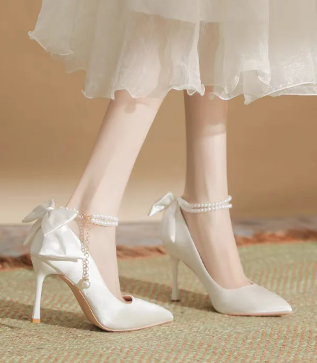Bow Satin Stiletto Heel Point Toe Pearls Fabric Wedding High Heel Sandals