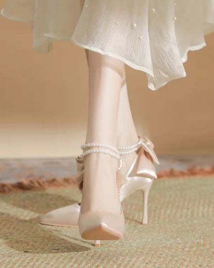 Bow Satin Stiletto Heel Point Toe Pearls Fabric Wedding High Heel Sandals