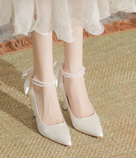 Bow Satin Stiletto Heel Point Toe Pearls Fabric Wedding High Heel Sandals