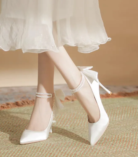 Bow Satin Stiletto Heel Point Toe Pearls Fabric Wedding High Heel Sandals