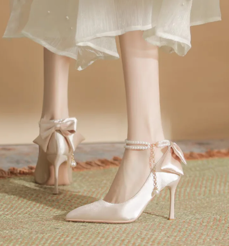 Bow Satin Stiletto Heel Point Toe Pearls Fabric Wedding High Heel Sandals