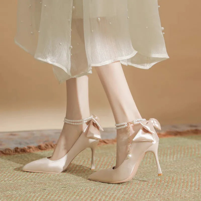 Bow Satin Stiletto Heel Point Toe Pearls Fabric Wedding High Heel Sandals