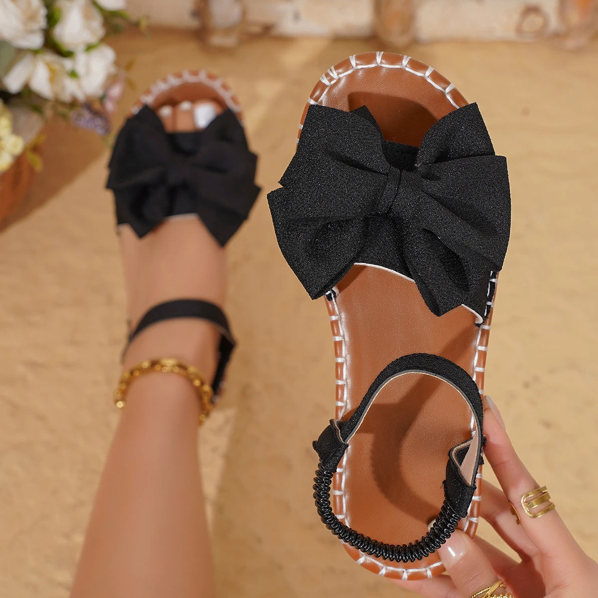 Elegant Bow Tie Soft Outdoor Lightweight Beach Style Flat Sandals
