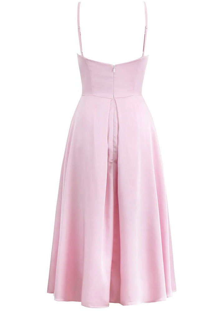 Bow Detail Bustier A Line Midi Dress Pink