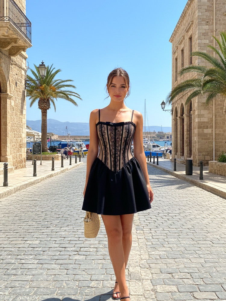 Bow Detail Lace A Line Dress Black
