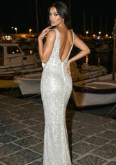 Bow Detail Sequin Maxi Dress Silver