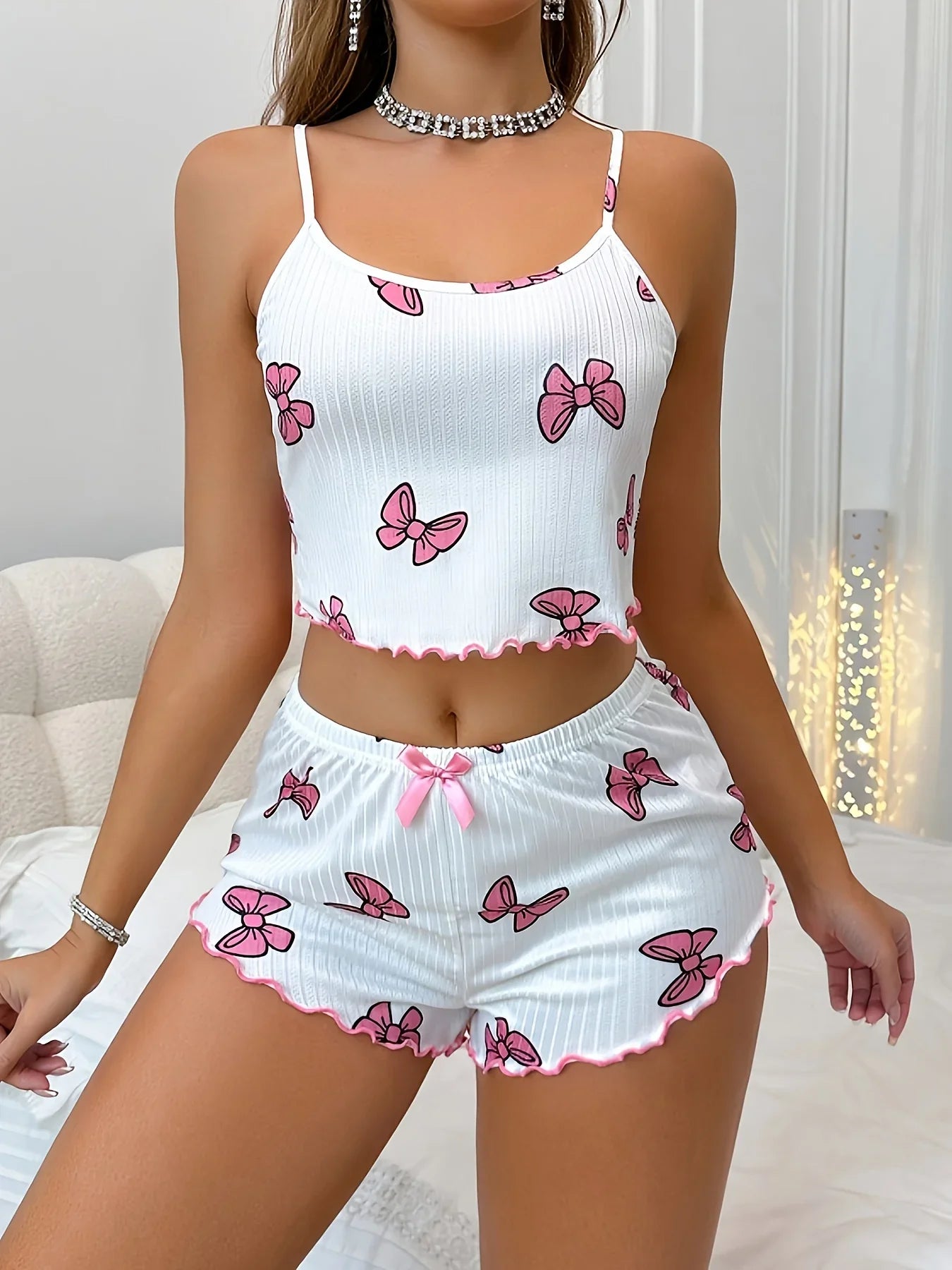 Bowknot Print Round Neck Camisole and Shorts Set Summer Casual Two-Piece Pajama Set Home Clothes Loungewear