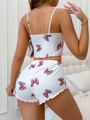 Bowknot Print Round Neck Camisole and Shorts Set Summer Casual Two-Piece Pajama Set Home Clothes Loungewear