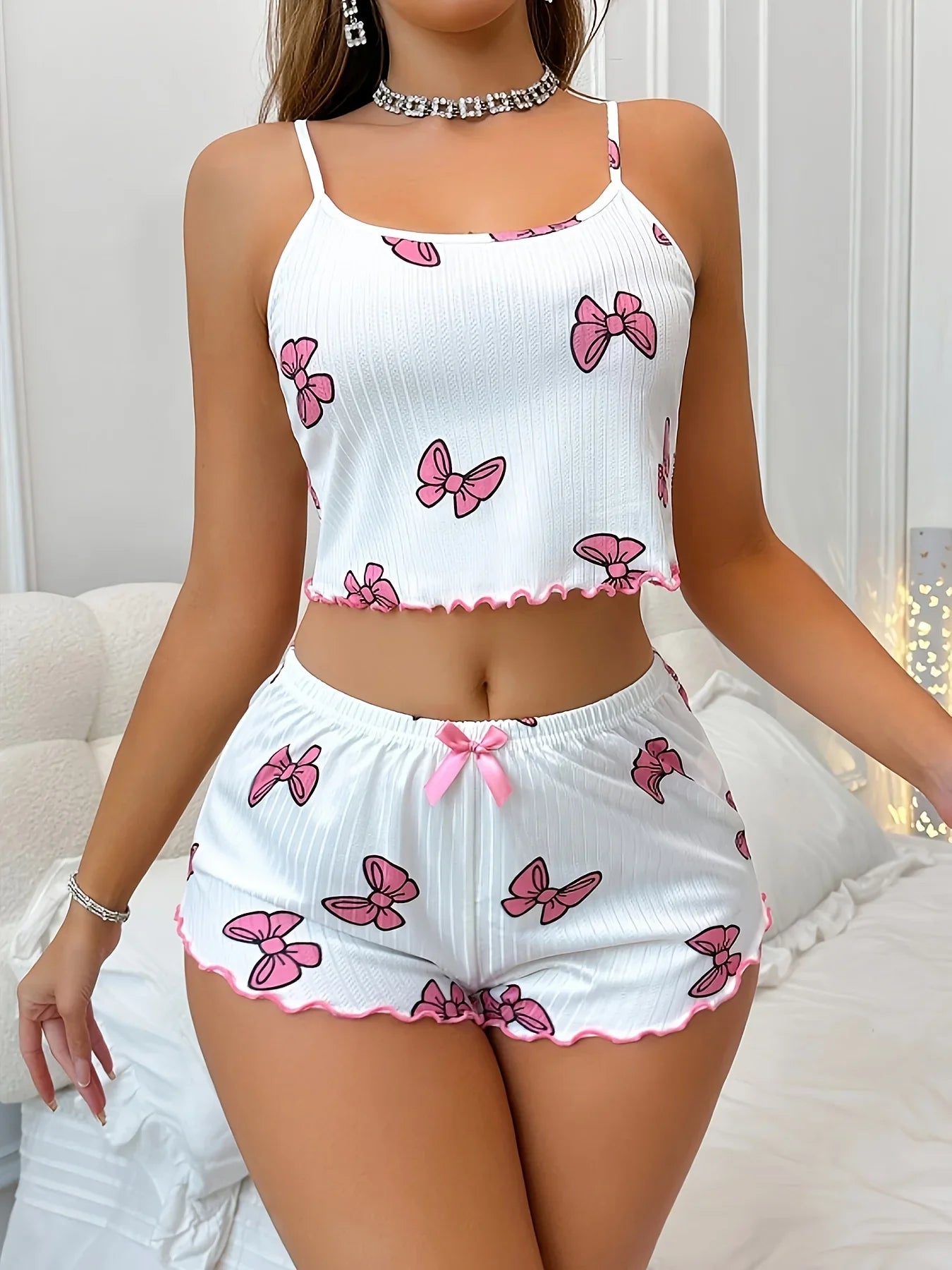 Bowknot Print Round Neck Camisole and Shorts Set Summer Casual Two-Piece Pajama Set Home Clothes Loungewear