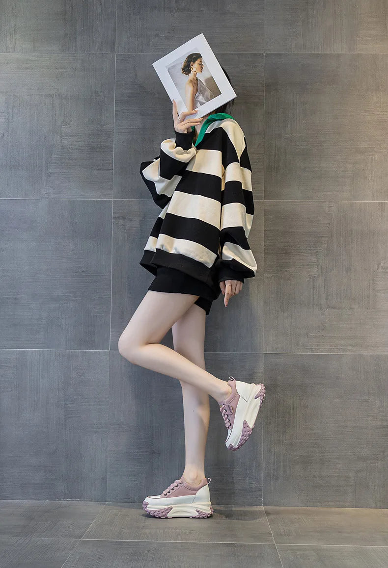 Breathable Comfortable Genuine Leather Platform Wedge Chunky Shoes