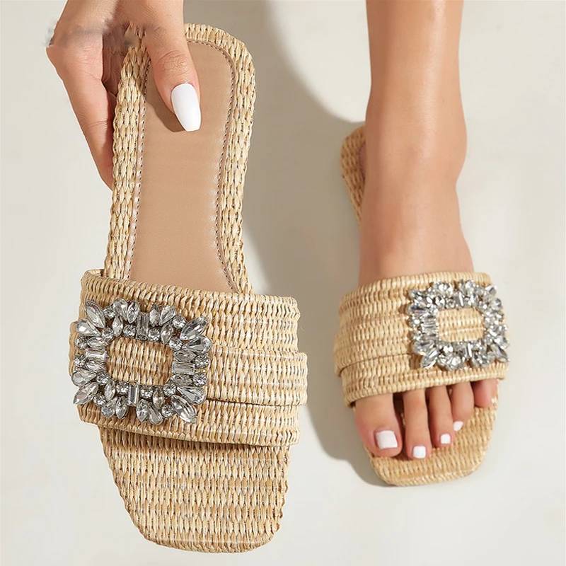 Bright Diamond Flat Bottom Cane Crystal Glitter Rhinestone Slides Slippers Sandals