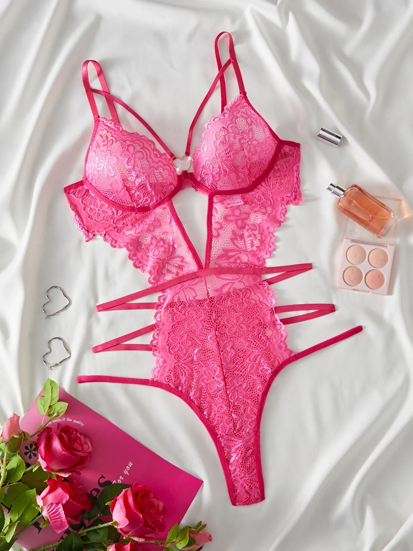 Bright Pink Lace Mesh Bodysuit
