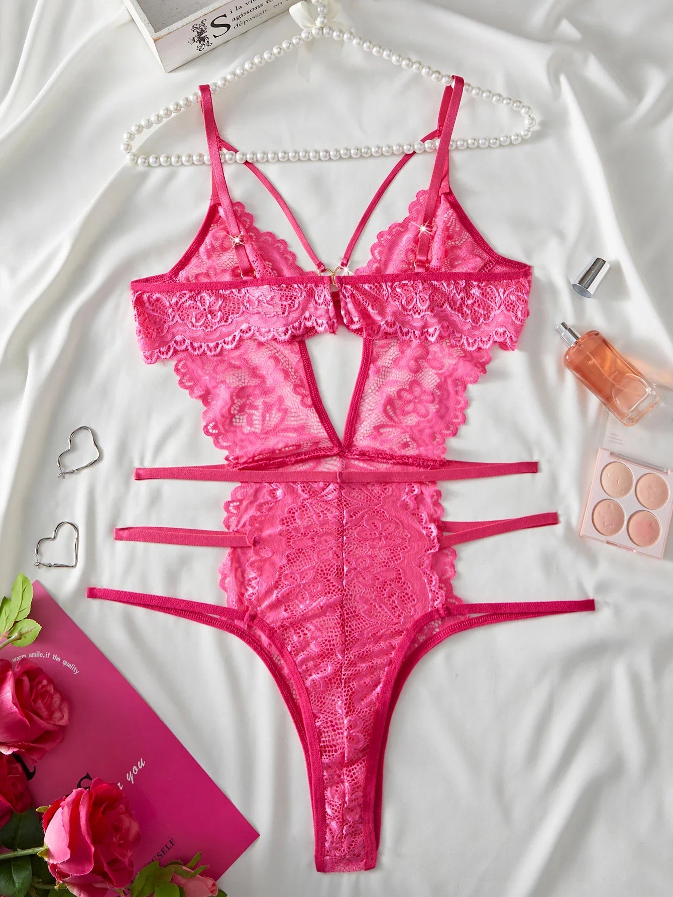 Bright Pink Lace Mesh Bodysuit